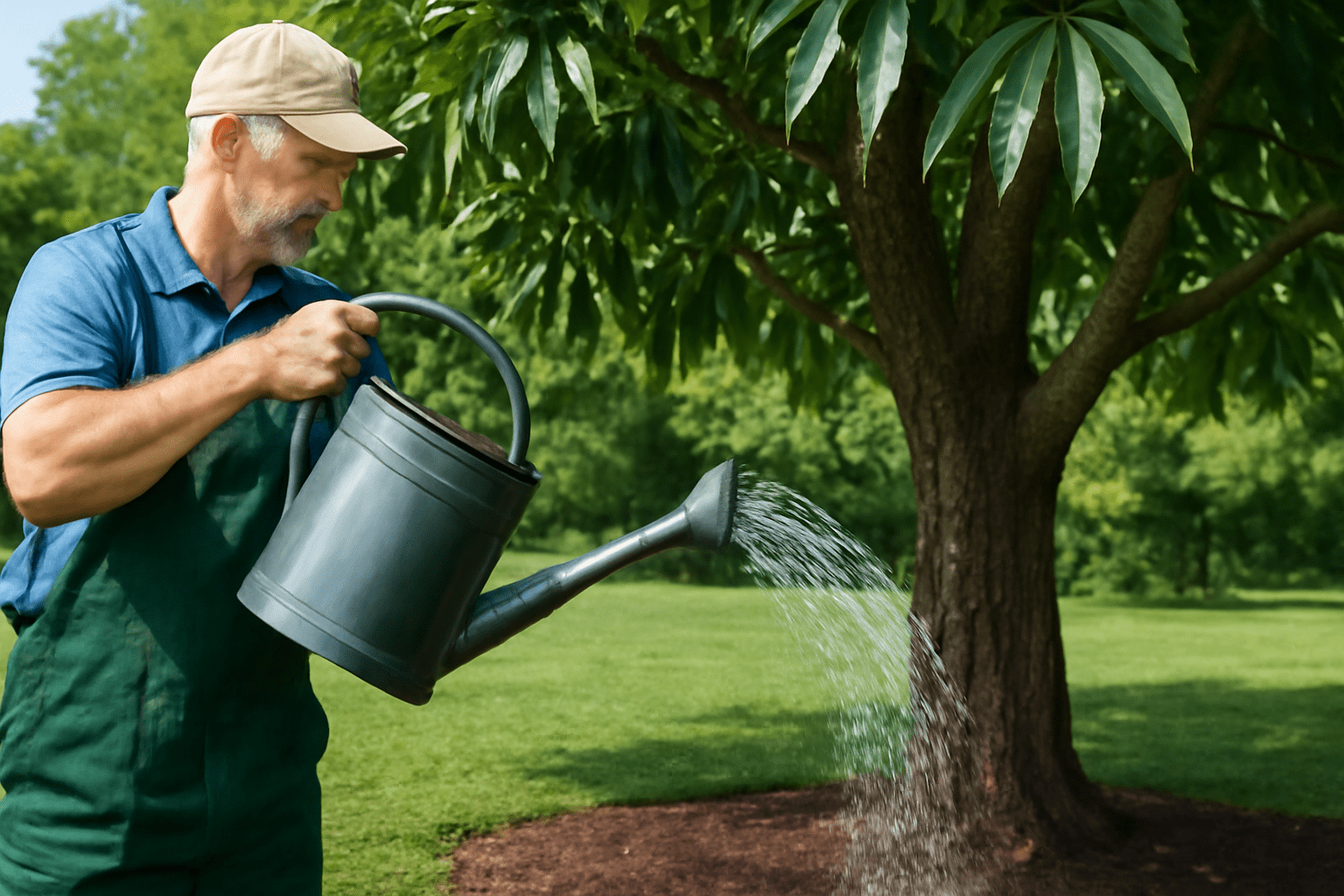 “Gardener watering a pecan nut tree deeply, emphasizing proper watering techniques for healthy leaves.”