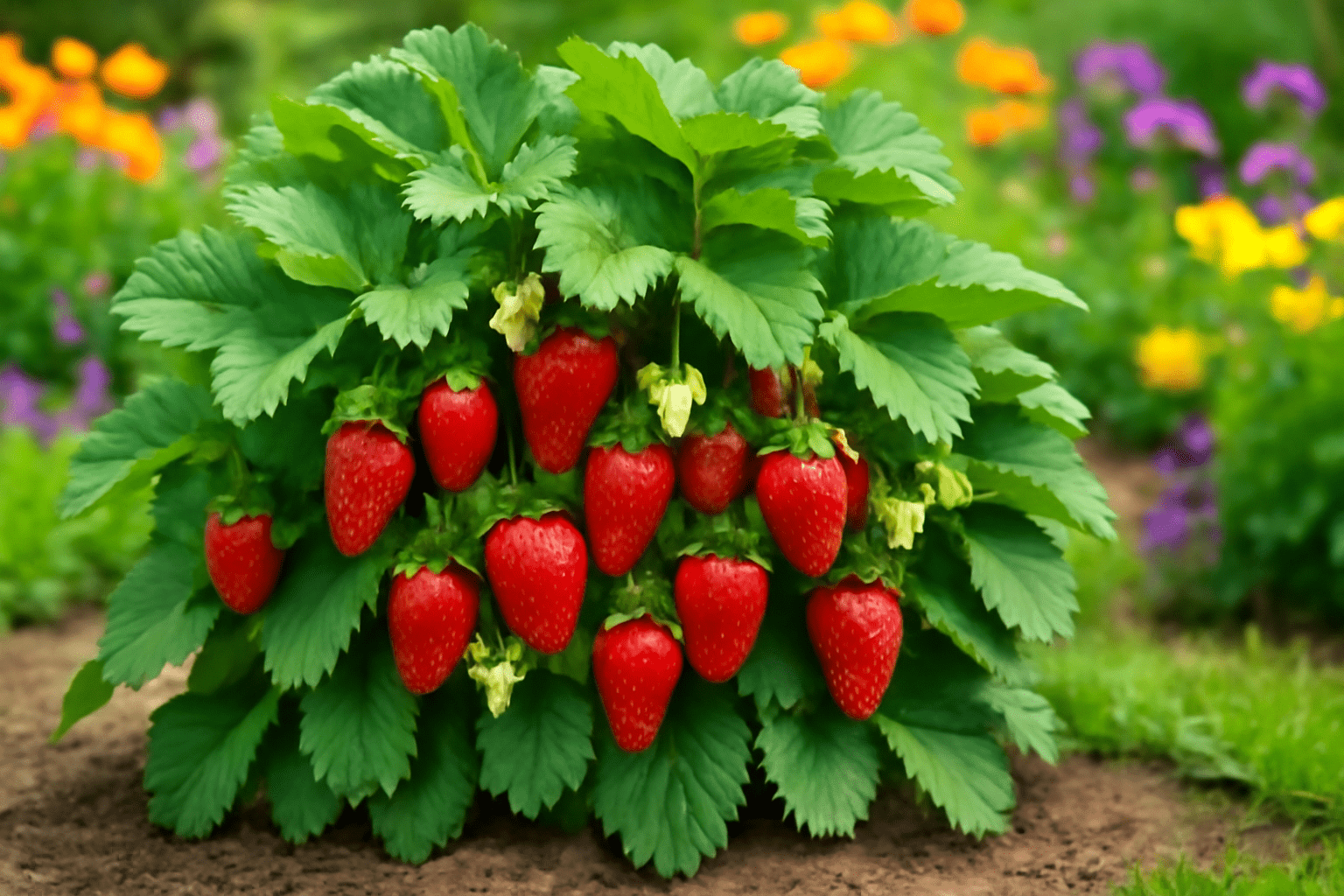 Lush strawberry plant with vibrant red strawberries and green leaves in foreground. Bright yellow and purple flowers in blurred garden background. Vivid and fresh.