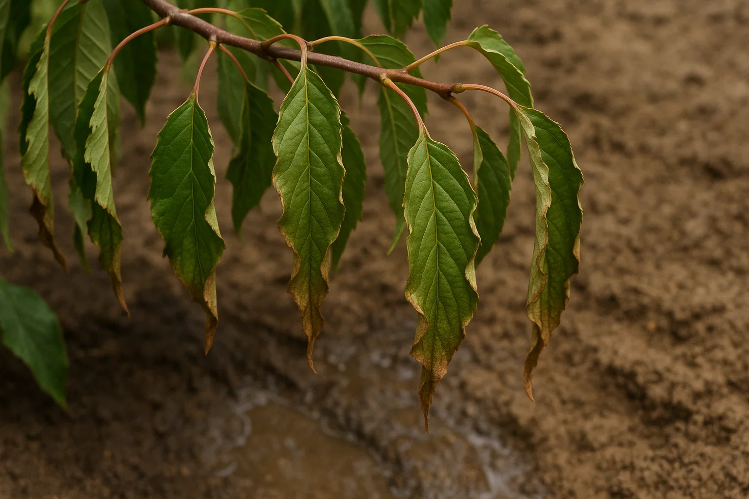 Close-up of green leaves with slight browning at the edges, resting above moist, brown soil.