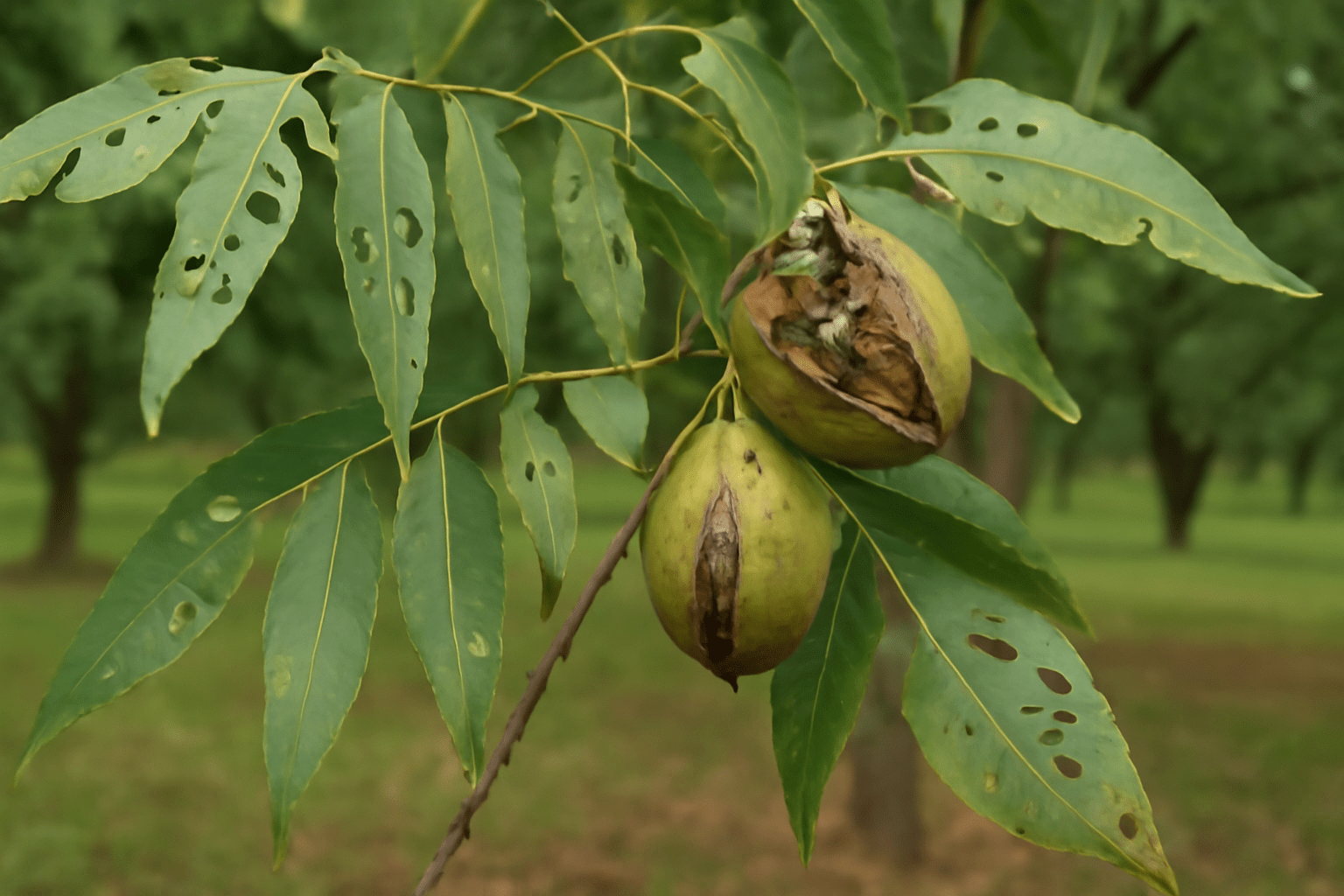 "Pecan tree showing pest damage affecting nut production."