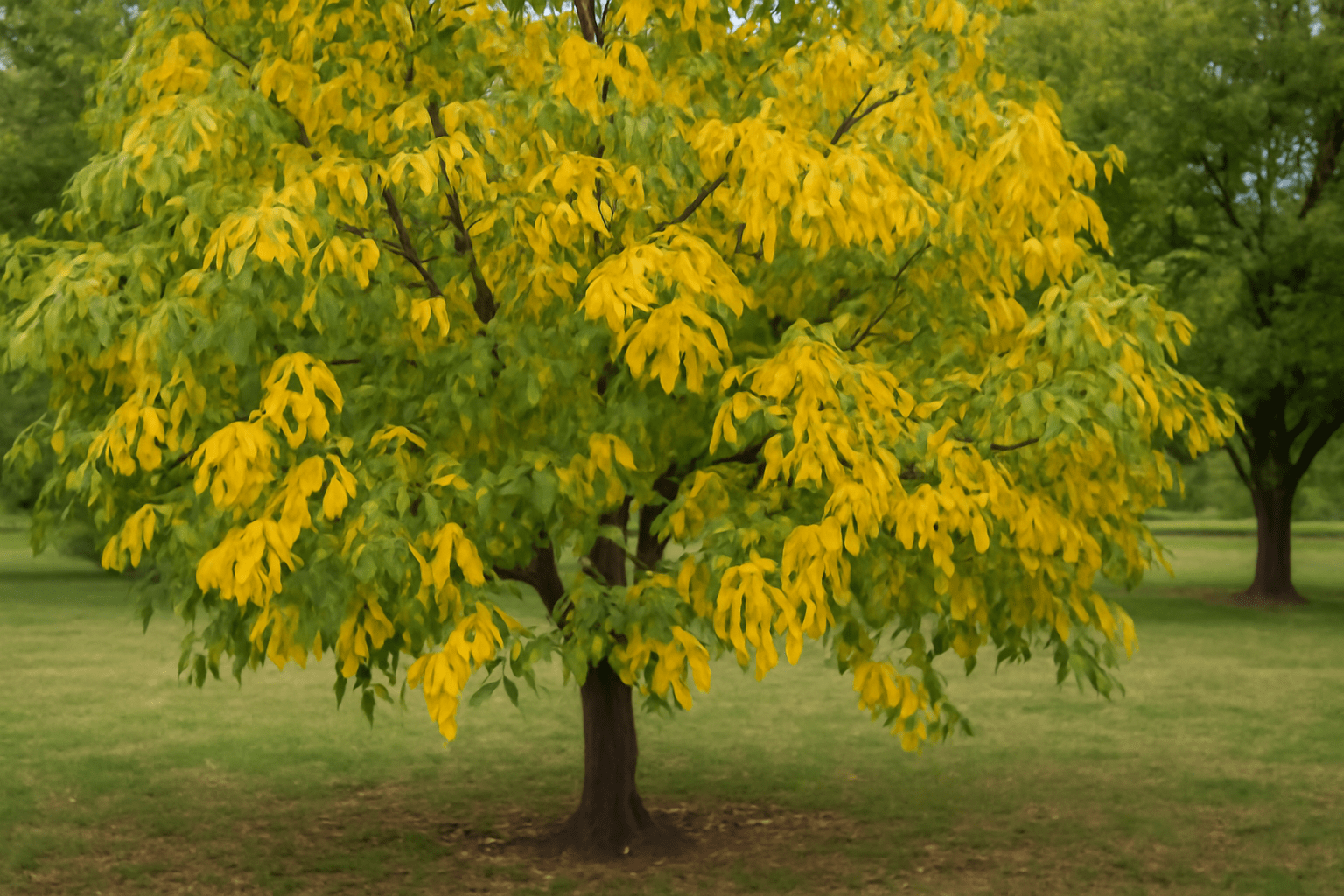 "Northern Pecan tree with yellowing leaves due to common problems like nutrient deficiency and pests."