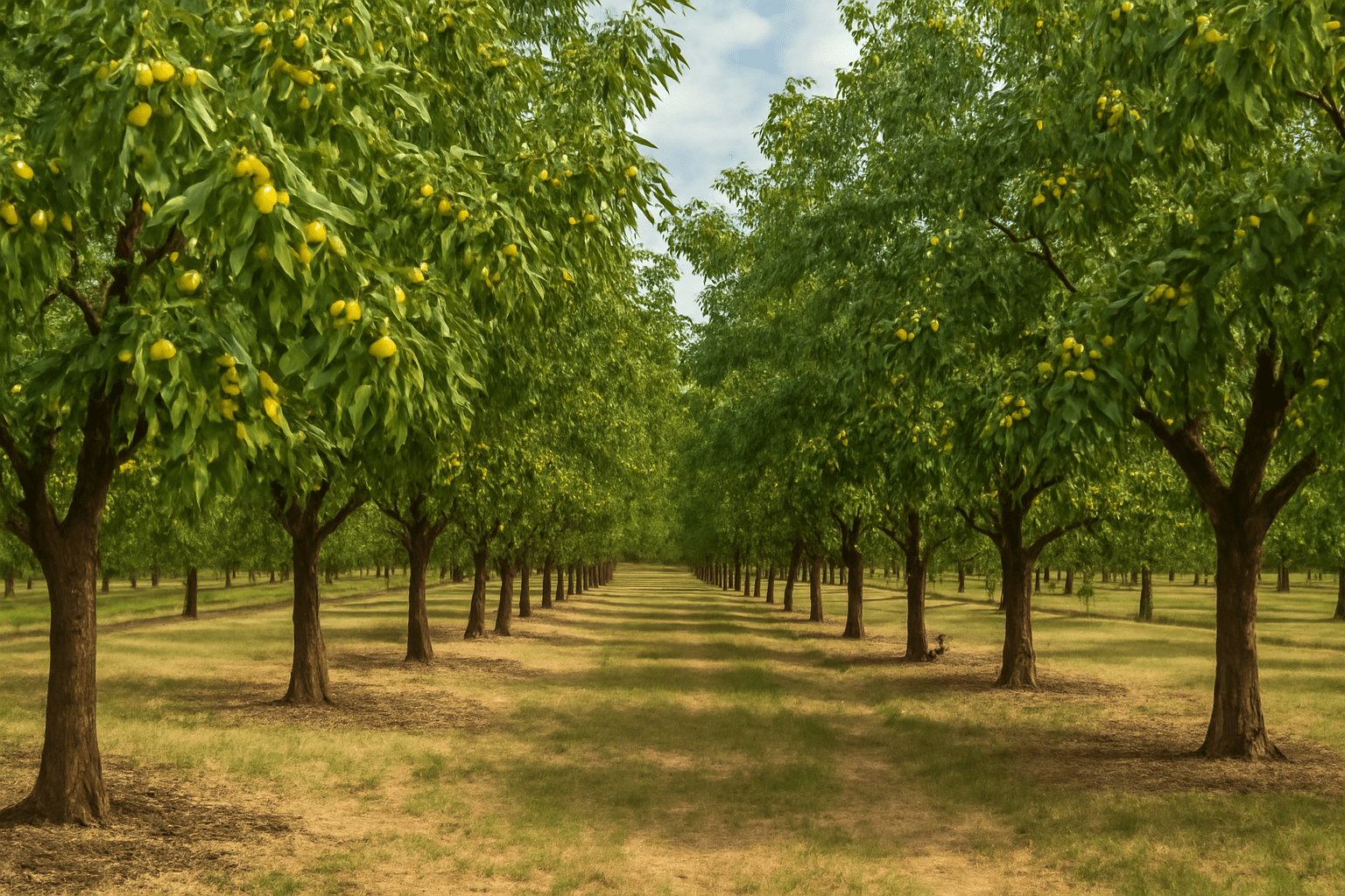 "Thriving pecan orchard with paper shell pecan trees full of ripe nuts"
