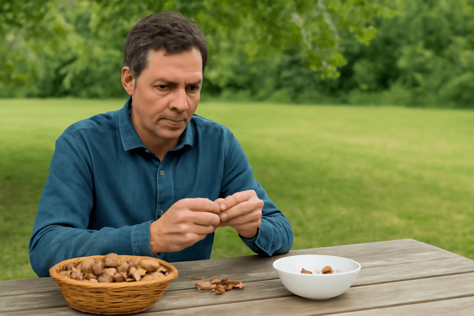 "Enjoying freshly harvested pecans in a peaceful garden setting, with nuts ready to be eaten or used in recipes."