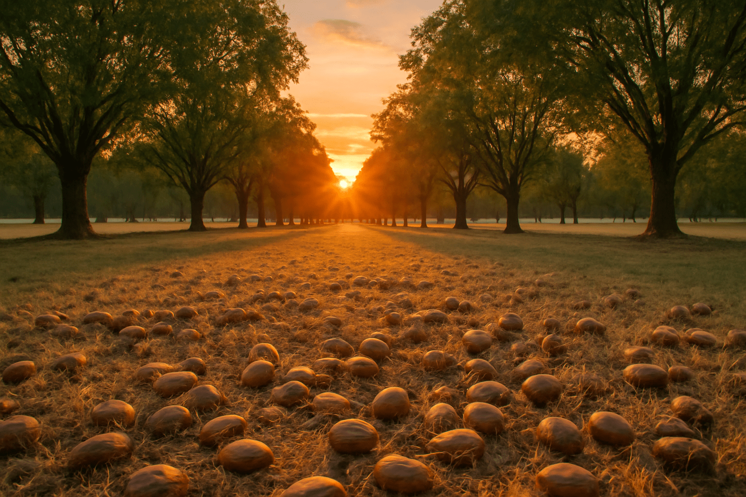 "Sunset over a mature pecan orchard with fallen pecans on the ground, symbolizing the rewards of pecan tree cultivation."