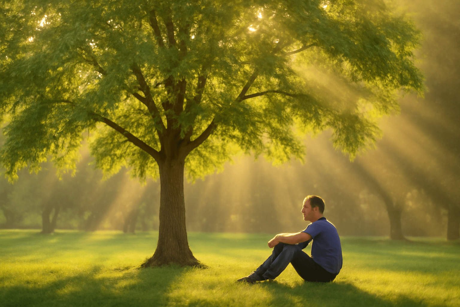 "Large, mature pecan tree in a peaceful garden, providing shade and symbolizing the long-term rewards of nurturing a tree."

