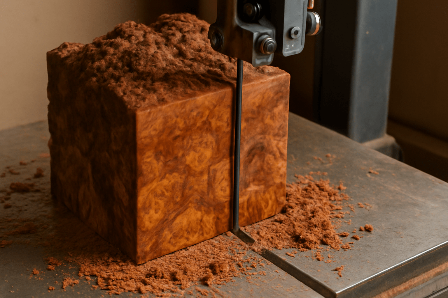 "Cutting walnut burl into usable pieces using a bandsaw, with wood shavings around the work area."