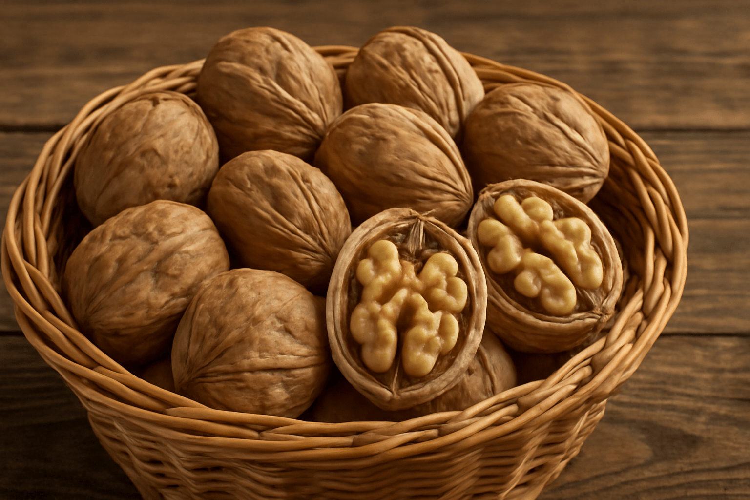 "A basket full of large, fresh walnuts, some cracked open to show the nut inside."