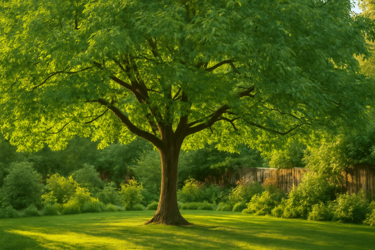 "A mature black walnut tree providing shade over a lush garden in a backyard, symbolizing long-term success and growth."