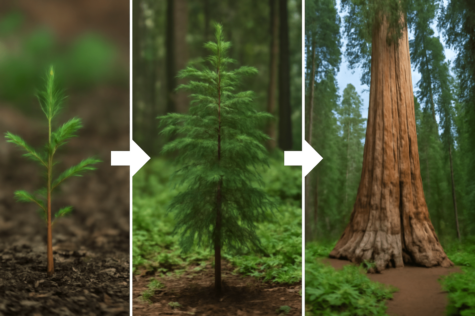 A three-panel image showing the growth of a tree. Left: small seedling in soil. Middle: young tree in a forest. Right: massive mature tree with a broad trunk.