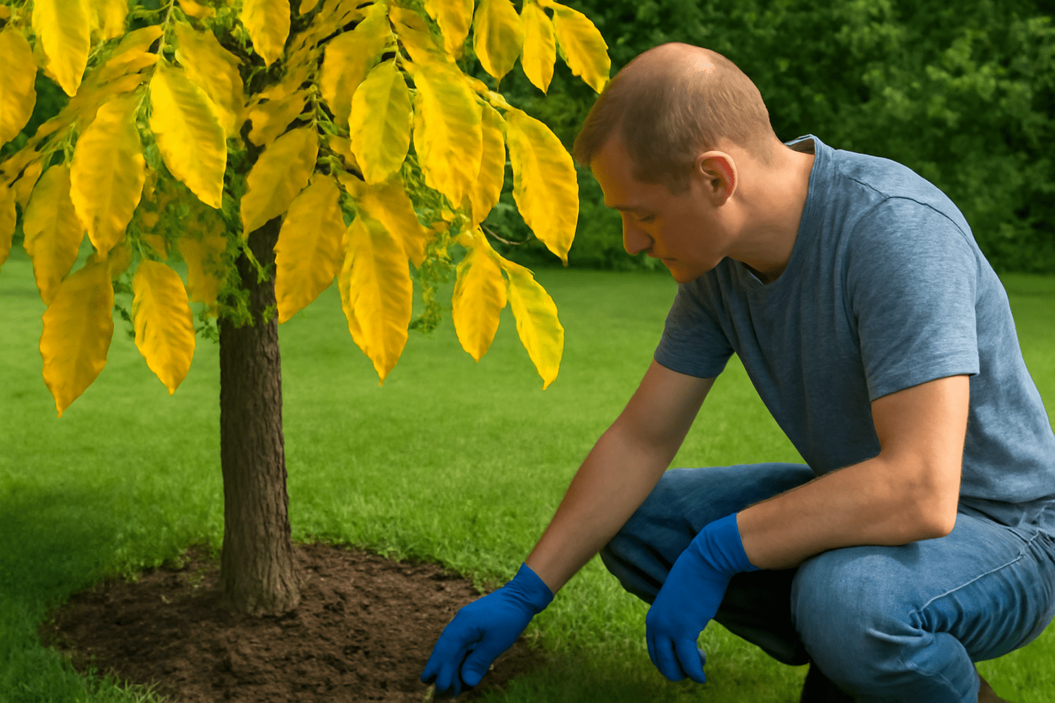 SEO-Friendly Alt Text: "Walnut tree with yellowing leaves being inspected and treated by a gardener for nutrient or water issues."