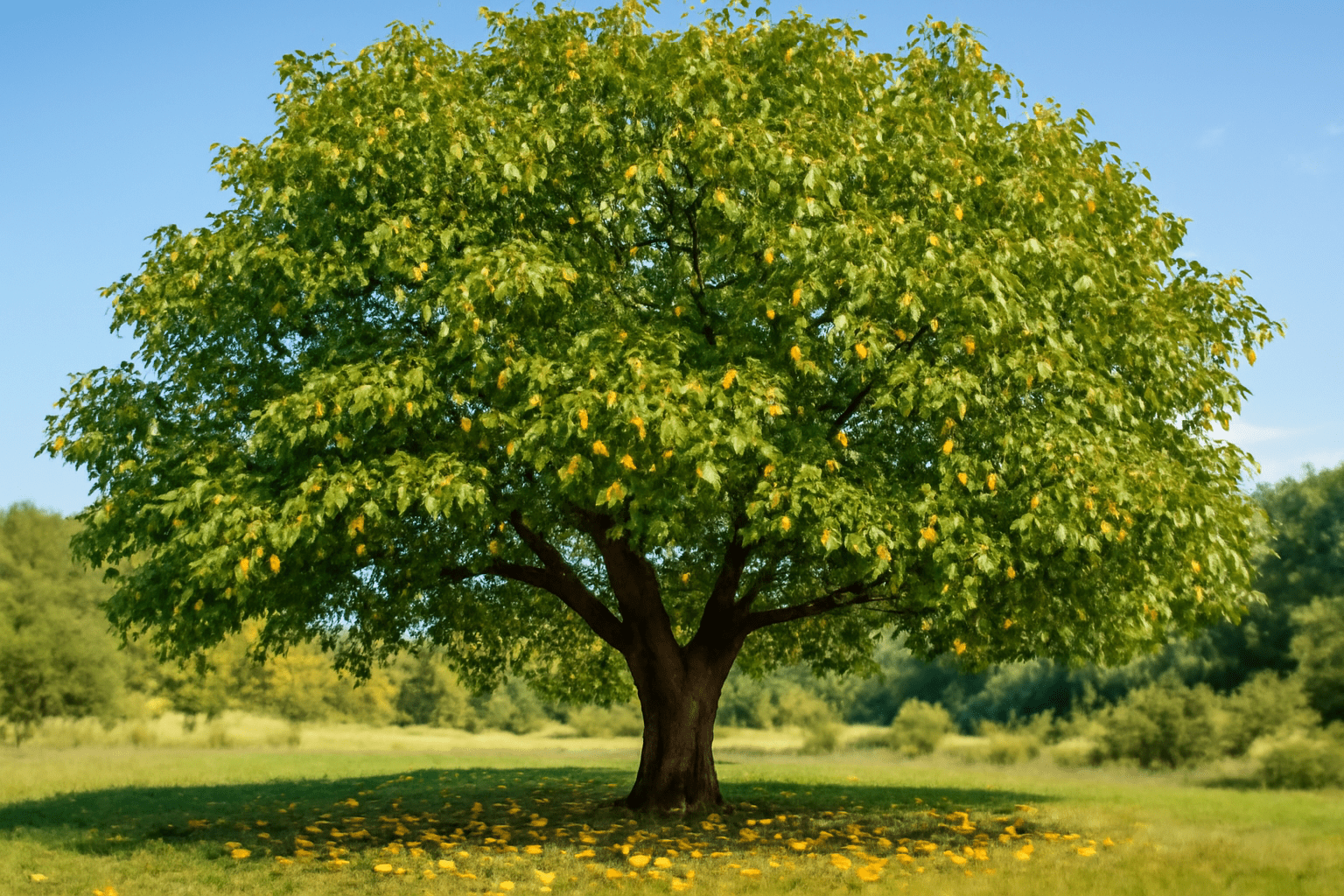 "Mature walnut tree with a healthy harvest of walnuts in a natural landscape."