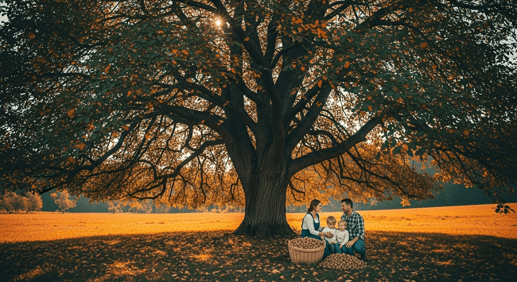 "Mature Chandler walnut tree casting shade over family with harvested nuts, symbolizing long-term growing rewards."