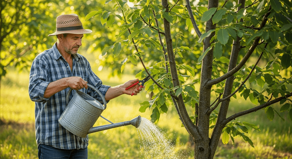 "Gardener pruning walnut tree and ensuring proper care for consistent production"