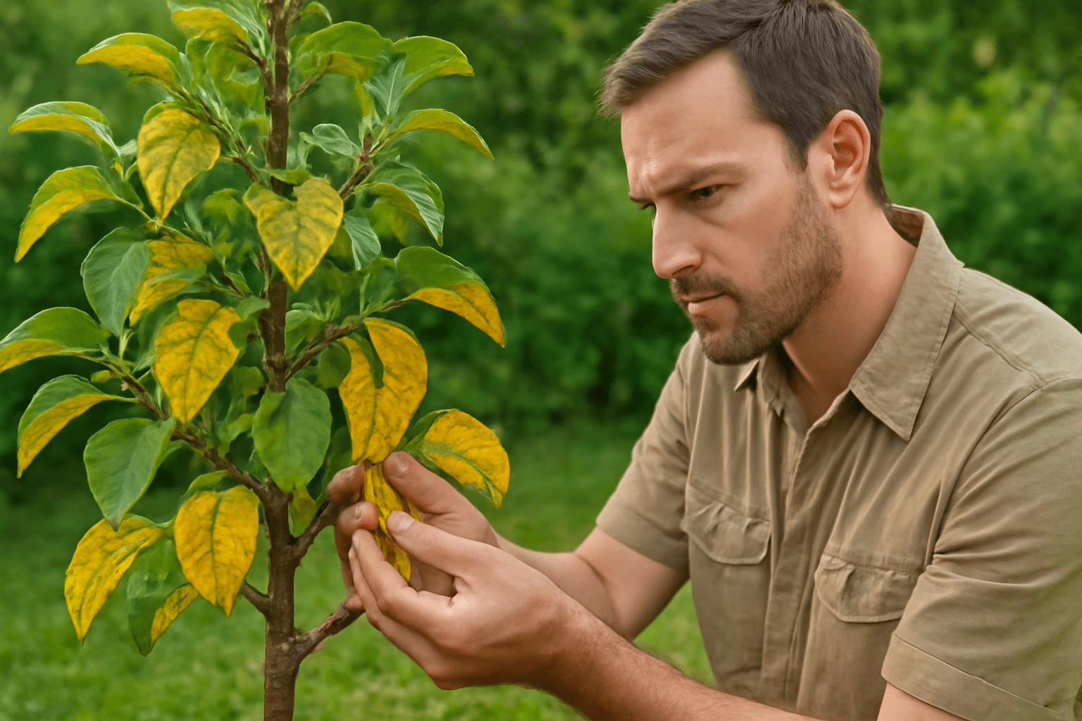 "Gardener inspecting a dwarf apple tree for yellowing leaves and pest damage, troubleshooting common tree issues."