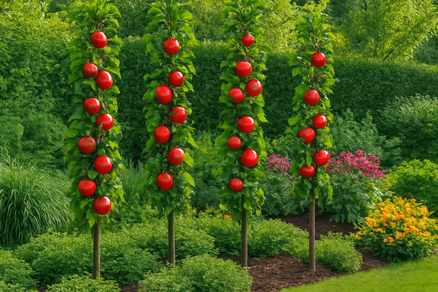"Urban garden with several columnar apple trees bearing ripe fruit, showcasing successful small-space gardening."