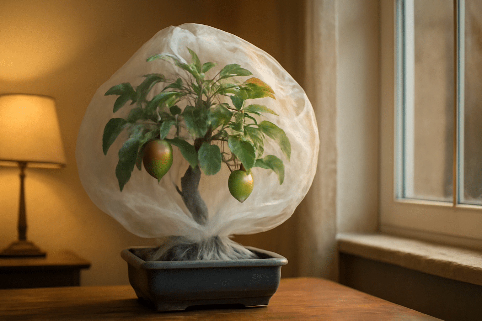 "Protecting a bonsai apple tree from frost with a cloth in a cozy indoor setting during winter."