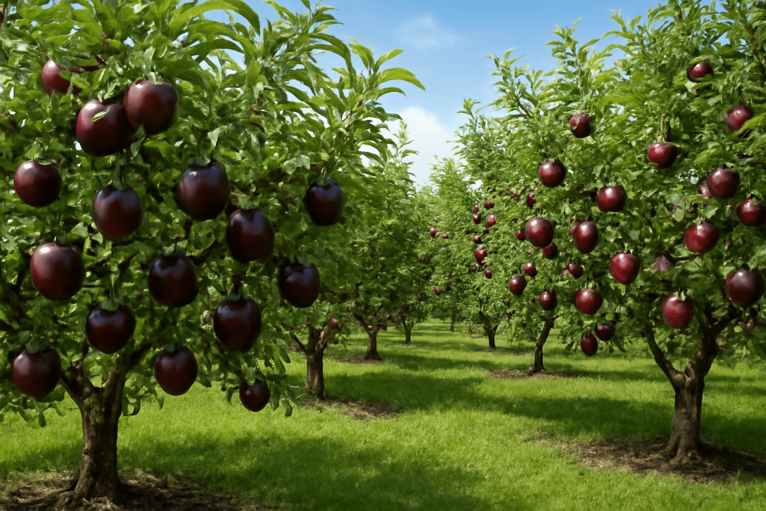 "A thriving Arkansas Black apple orchard, showing healthy trees full of ripe, dark apples, symbolizing gardening success."