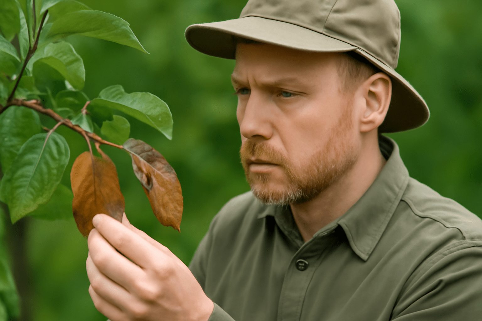 "Gardener inspecting apple tree damage due to over-spraying or ineffective pest control."