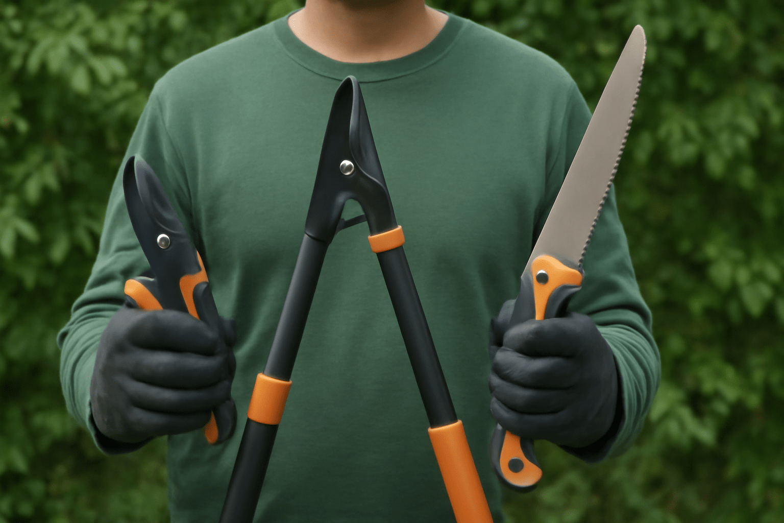 "Gardener selecting the appropriate pruning tool for cutting different branch sizes on an apple tree."