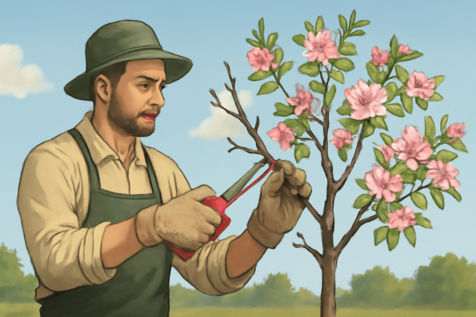 "Gardener pruning a flowering apple tree to remove deadwood and shape it for healthy growth."