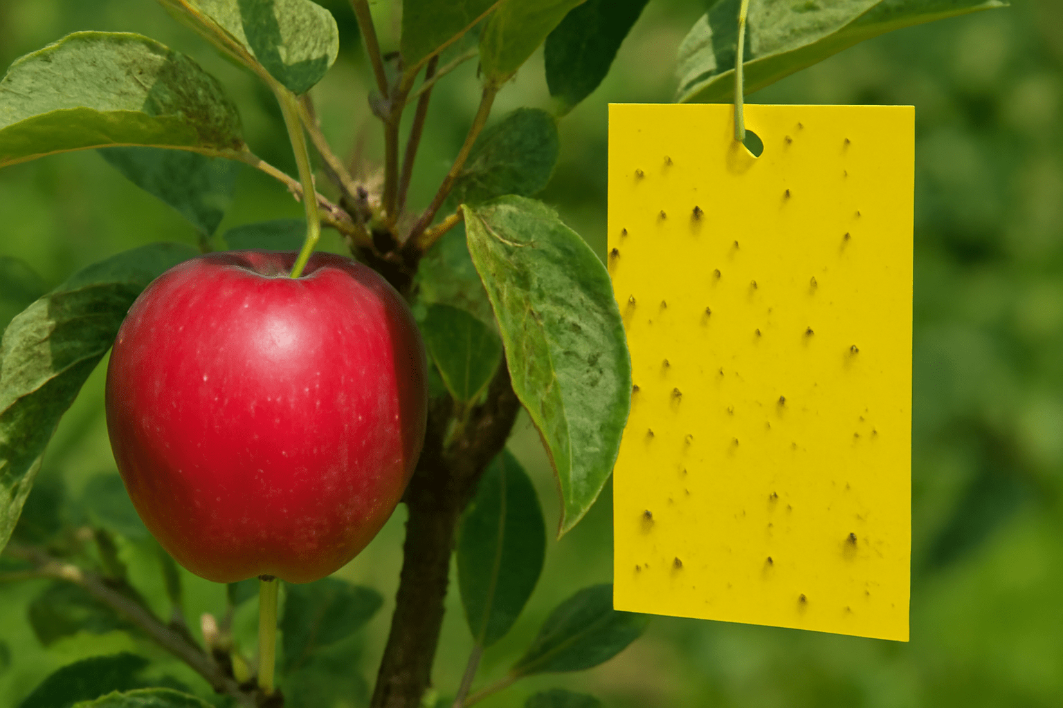 "McIntosh apple tree showing signs of pests and preventive traps."