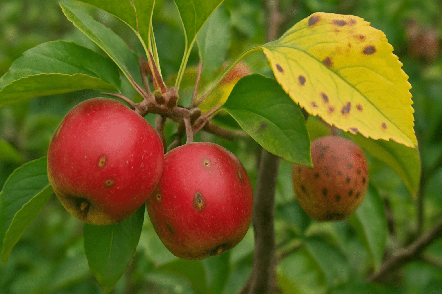 "Close-up of pest damage on a paradise apple tree with yellowing leaves and spotted fruit."