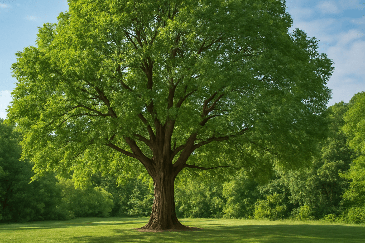 "A majestic, fully grown hickory tree standing in a spacious yard or park, surrounded by lush greenery."