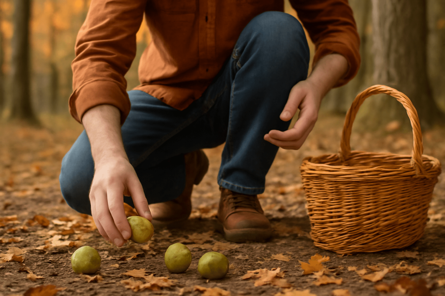 “Person harvesting fresh hickory nuts from the ground, ready for storage or consumption.”
