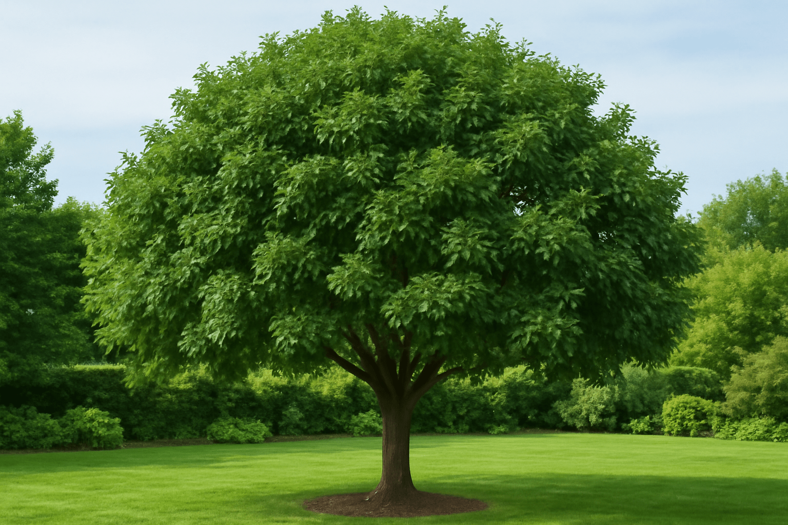 Mature Fan Tex Ash Tree in a garden with lush green leaves and a rounded canopy.