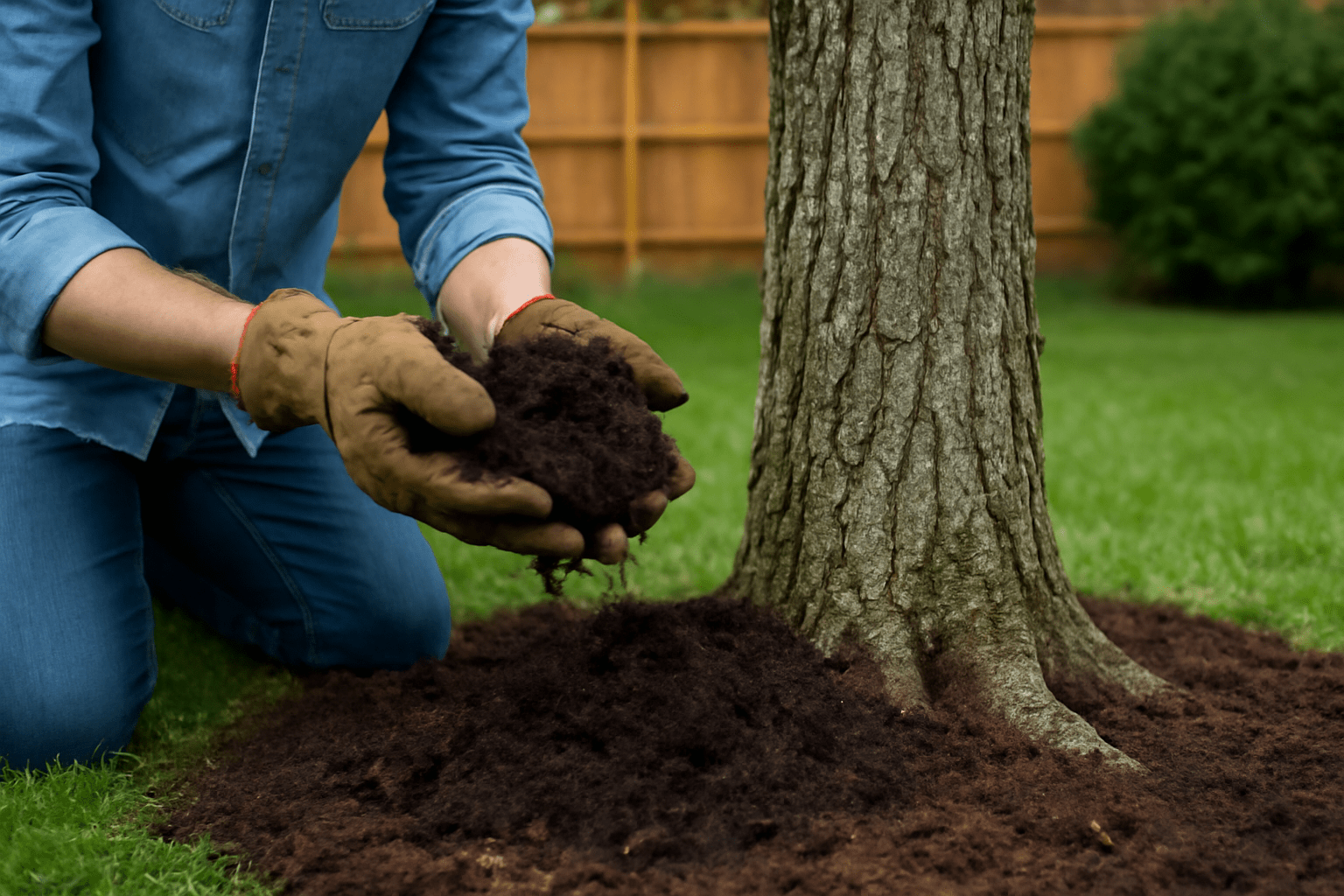 "A person adding organic compost around the base of a mature hickory tree to improve soil quality and drainage."