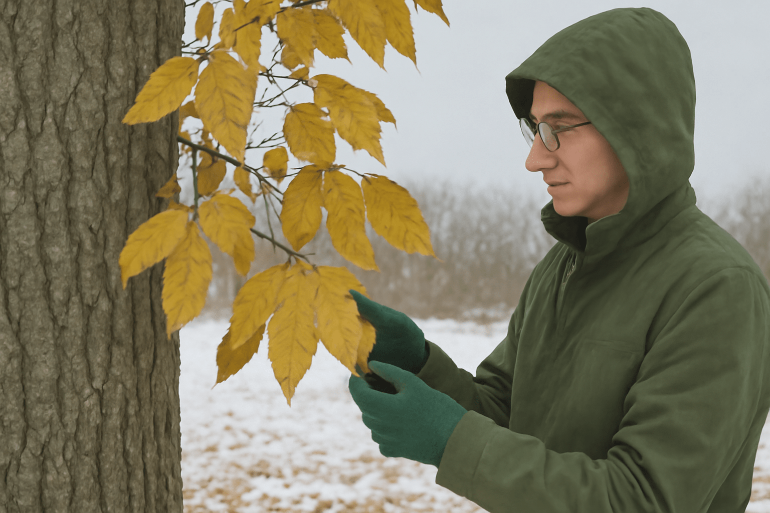 "Hickory tree with winter stress, yellowing leaves, and person inspecting it."