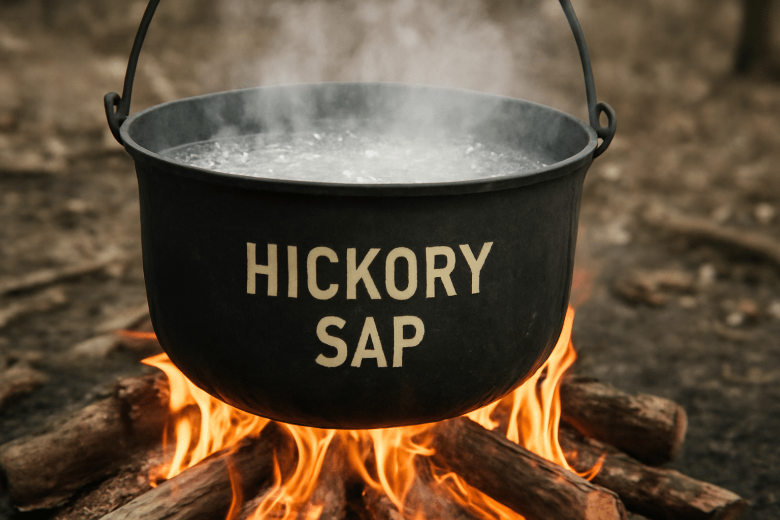 "Boiling hickory sap into syrup over an outdoor fire."