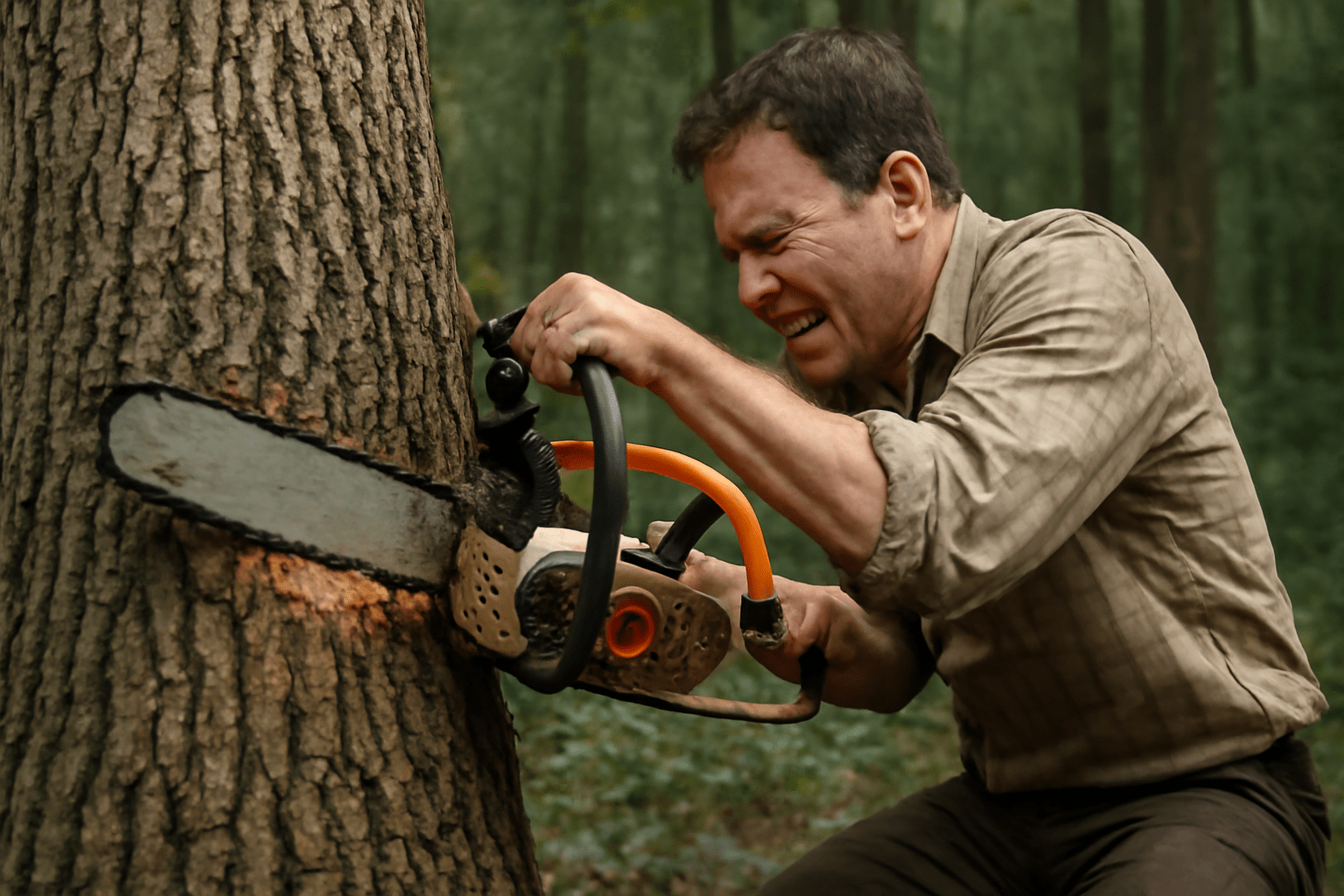 "Person struggling with a stuck chainsaw in dense hickory wood."