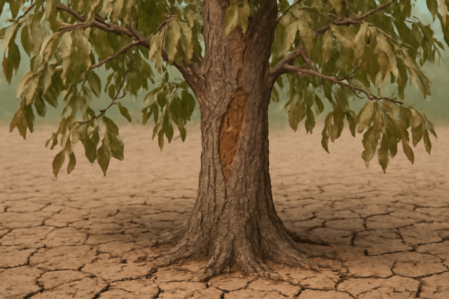 "Hickory tree showing signs of stress, including damage from pests and dry soil."
