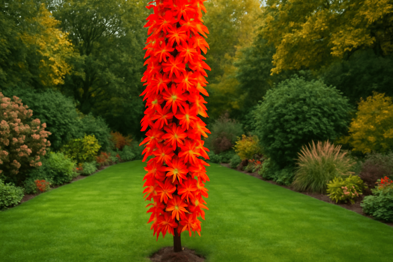 "Liquidambar Slender Silhouette Sweetgum Tree in full autumn color in a landscaped garden."
