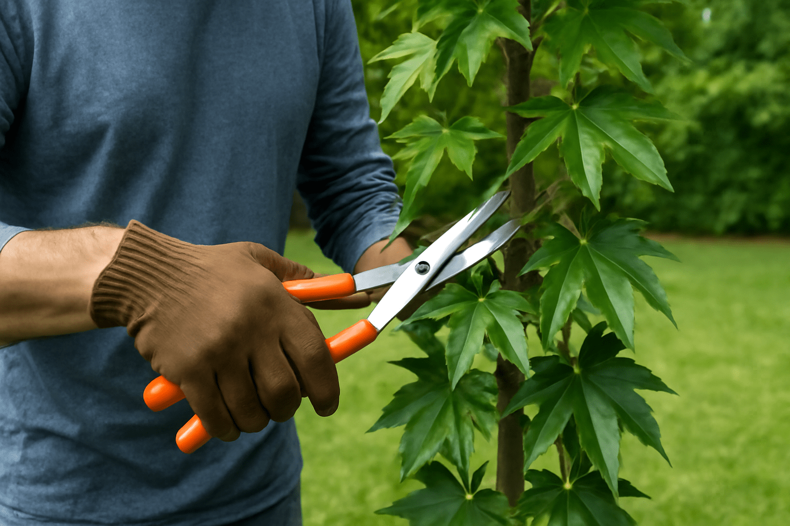 Gardener trimming branches of a columnar sweetgum tree to maintain its vertical shape.
