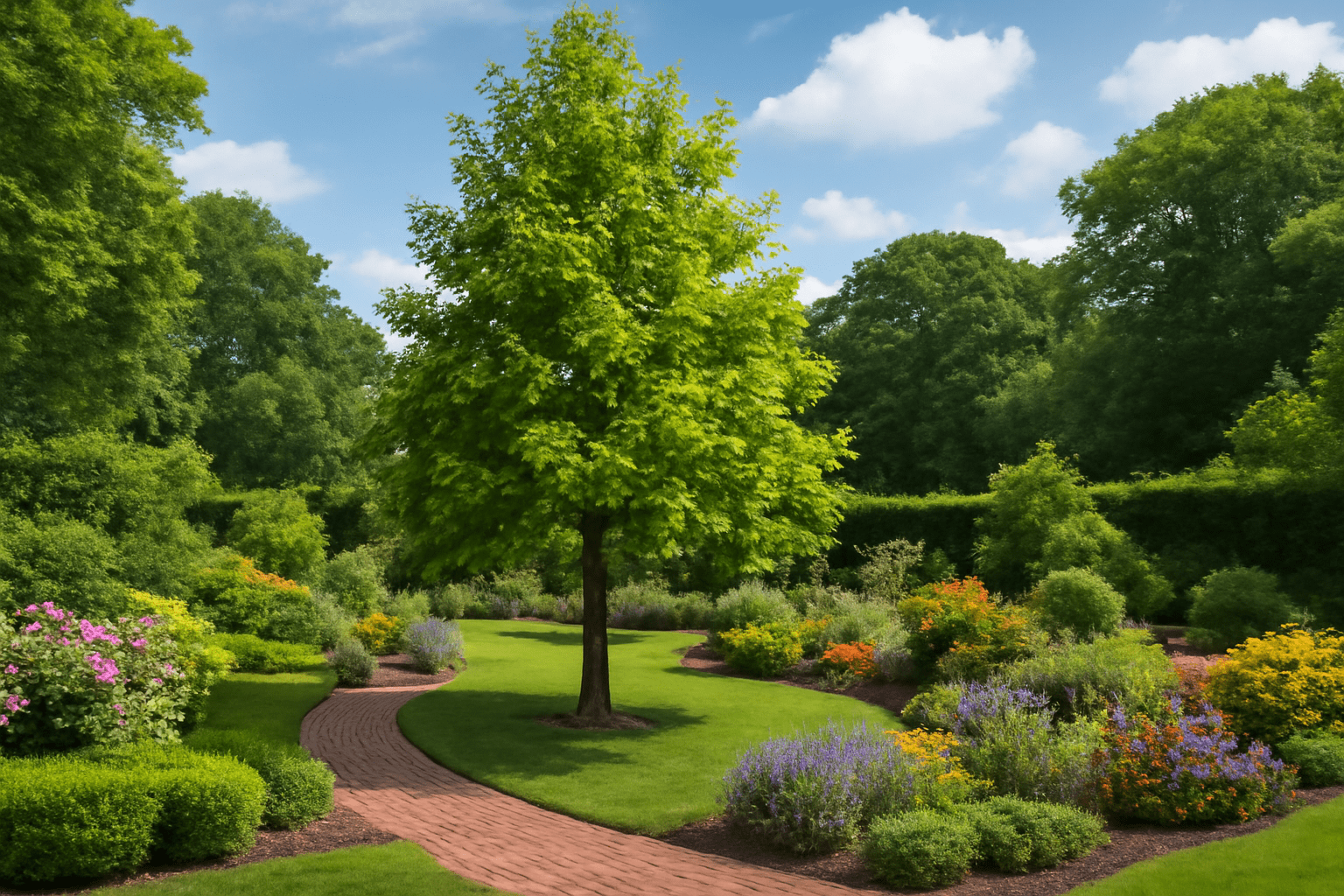 Well-maintained garden with a healthy sweetgum tree, symbolizing effective care and minimal mess from seed pods.