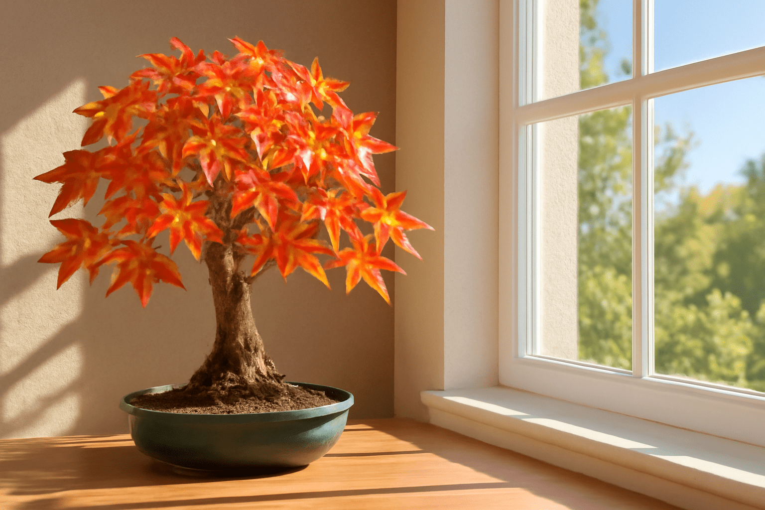 American Sweetgum Bonsai placed near a south-facing window, receiving ample sunlight for healthy growth.