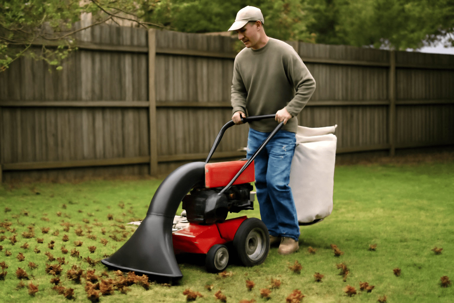 Person using a lawn vacuum to collect sweetgum gum balls from the grass, addressing common yard cleanup problems.