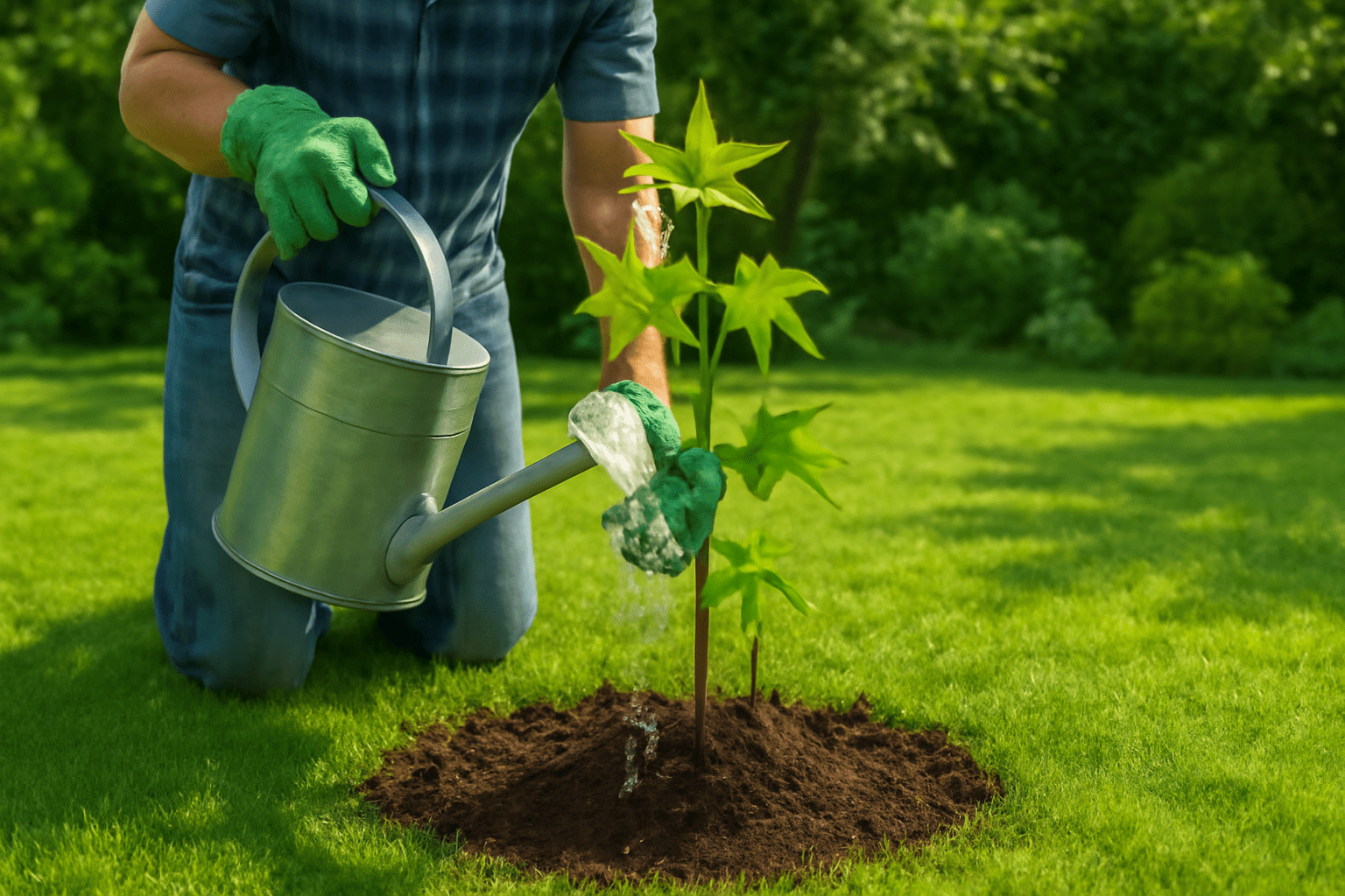 Gardener watering a sweetgum tree in the garden, promoting strong root development and healthy growth.