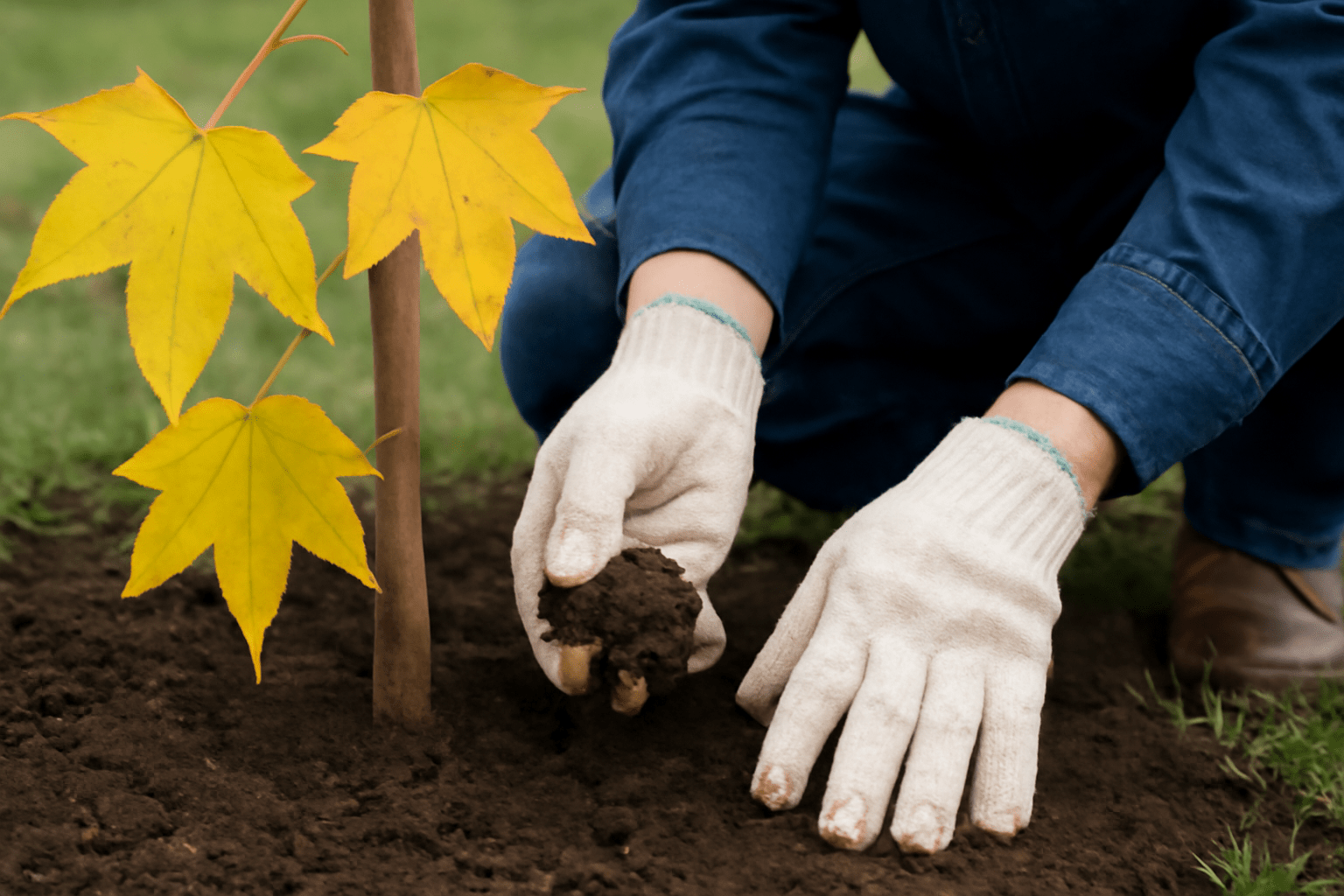 "Close-up of yellowing leaves on a Chinese Sweetgum tree being inspected for nutrient or water issues."