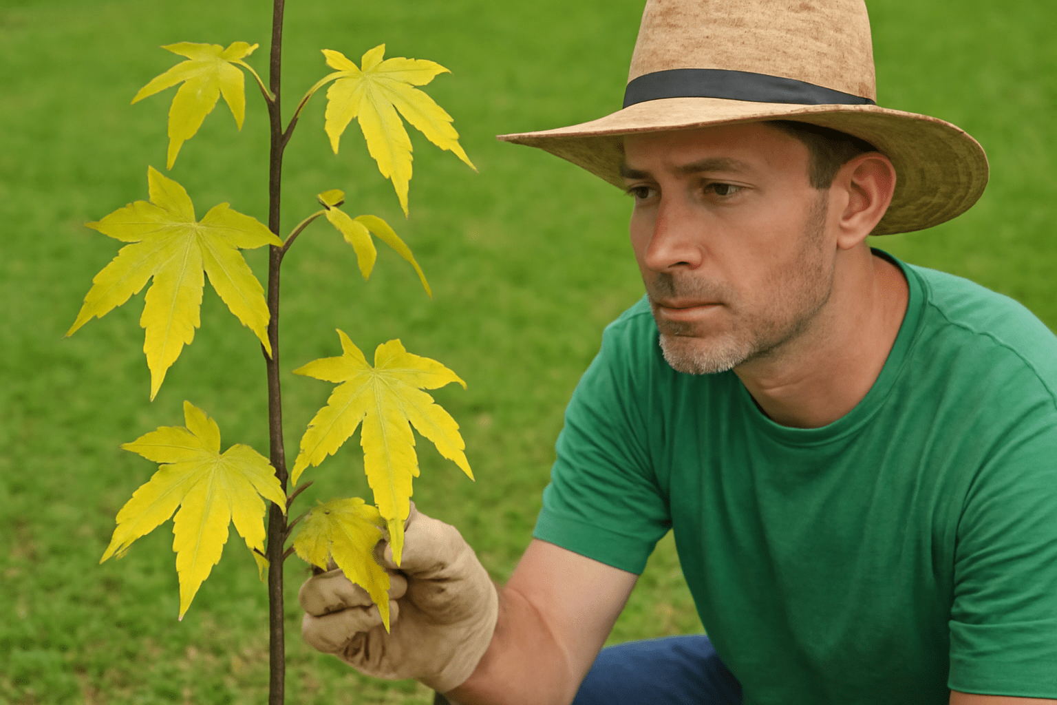 "Cherokee Sweetgum Tree with yellowing leaves, showing signs of nutrient deficiencies or water stress."