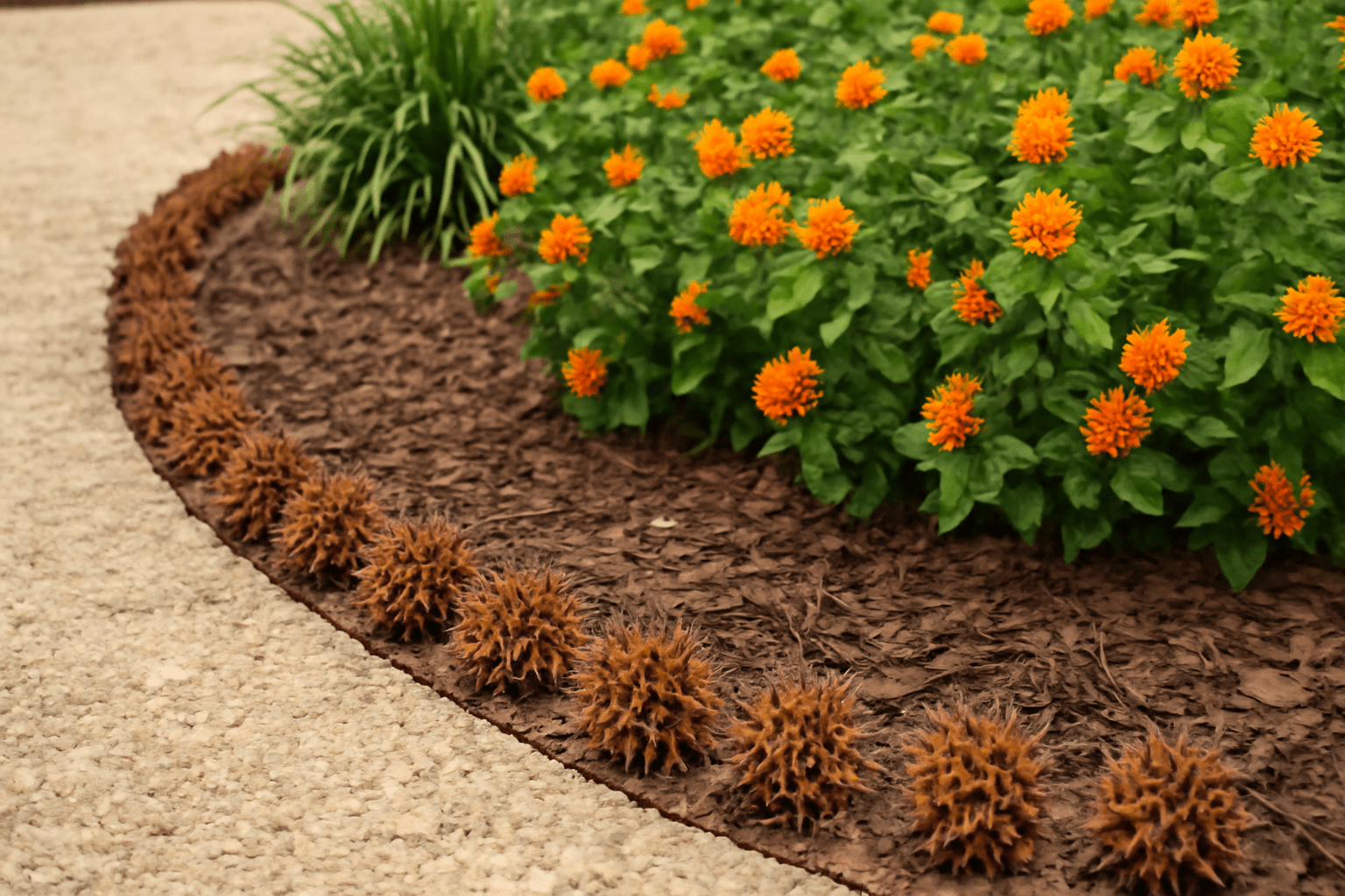"Sweetgum pods used in landscaping to line a garden path and flower bed."