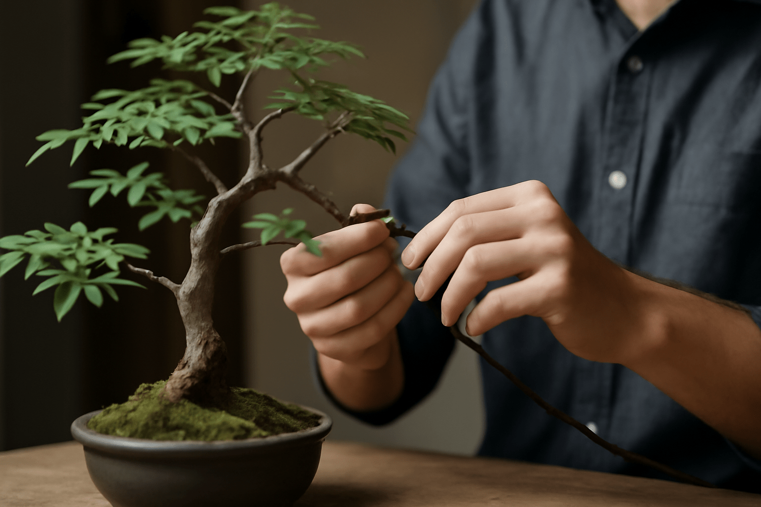 "Shaping and pruning an ash bonsai tree with wire for an elegant, healthy form."