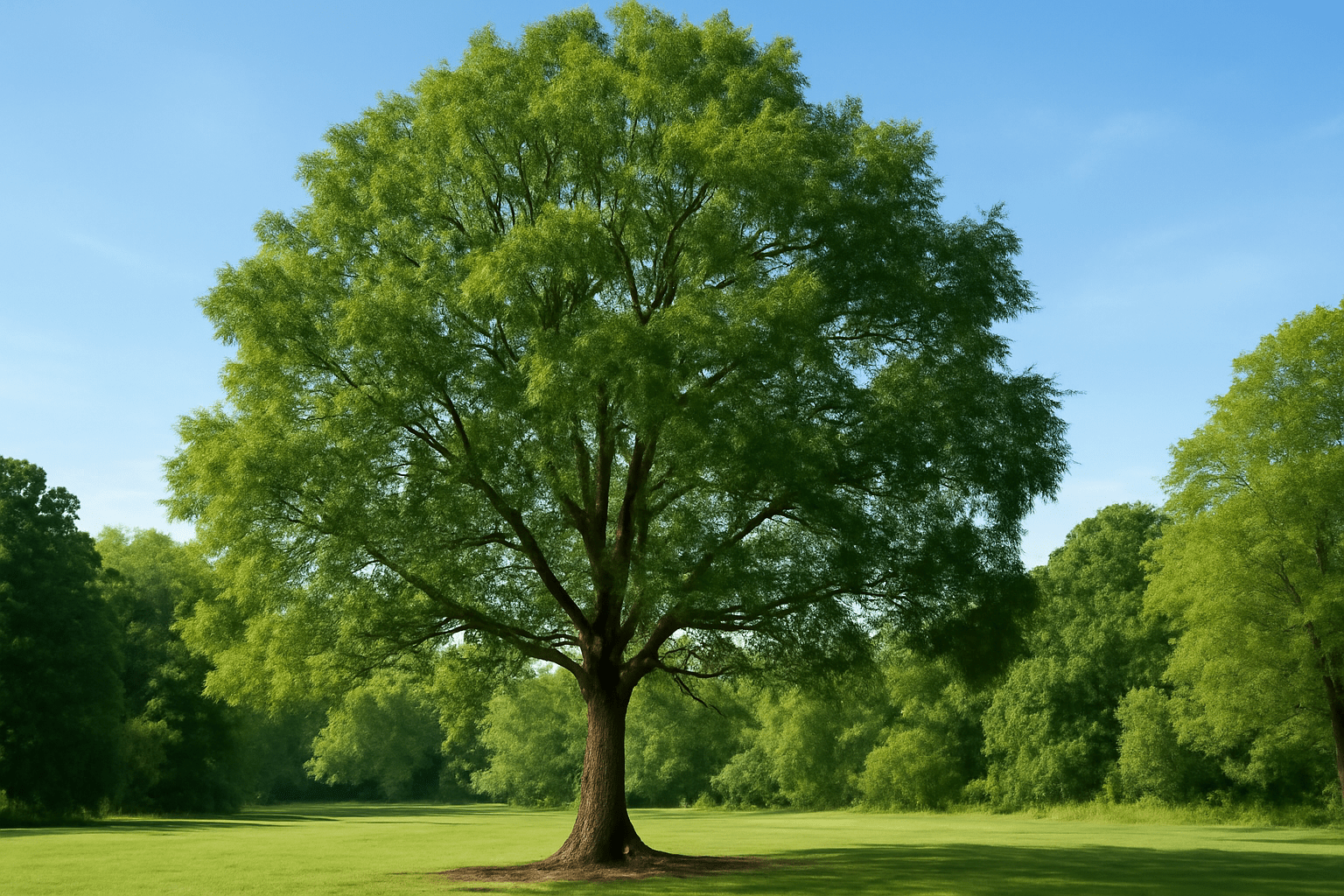 "Mature ash tree with strong trunk and large canopy growing in a park."