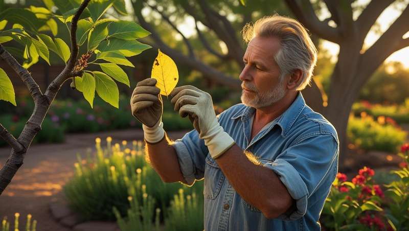 "Gardener inspecting Ash Arizona tree leaves for yellowing and disease signs."