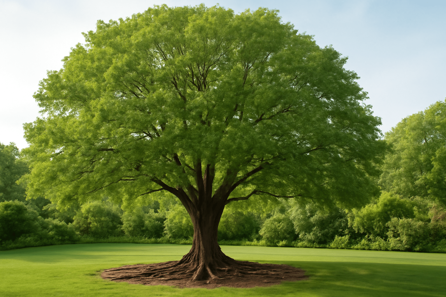 A majestic tree rises in the center of a vibrant green field, surrounded by open space.
