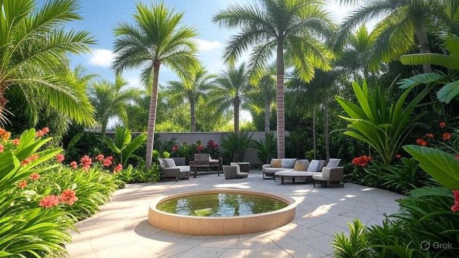 Lush tropical garden featuring palm trees, vibrant flowers, and a serene circular water feature surrounded by comfortable seating.