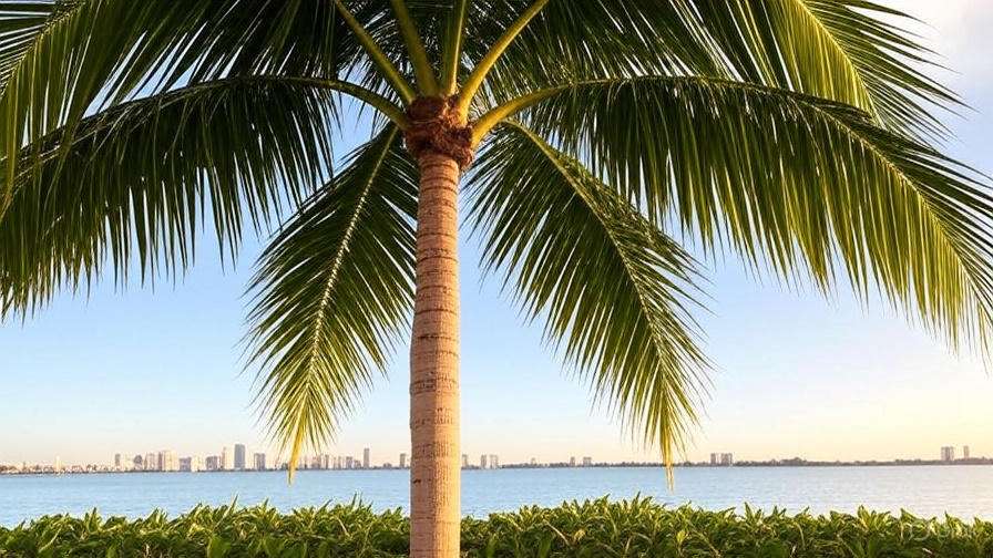 A close-up of a palm tree with lush green fronds, overlooking a calm blue waterfront and a city skyline in the distance.