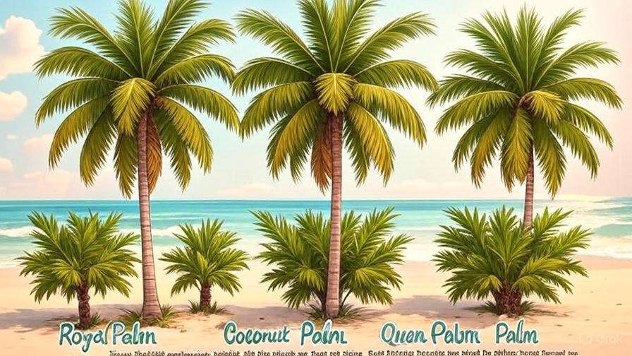 A vibrant beach scene featuring three types of palm trees: Royal, Coconut, and Queen Palm, against a tranquil ocean backdrop.